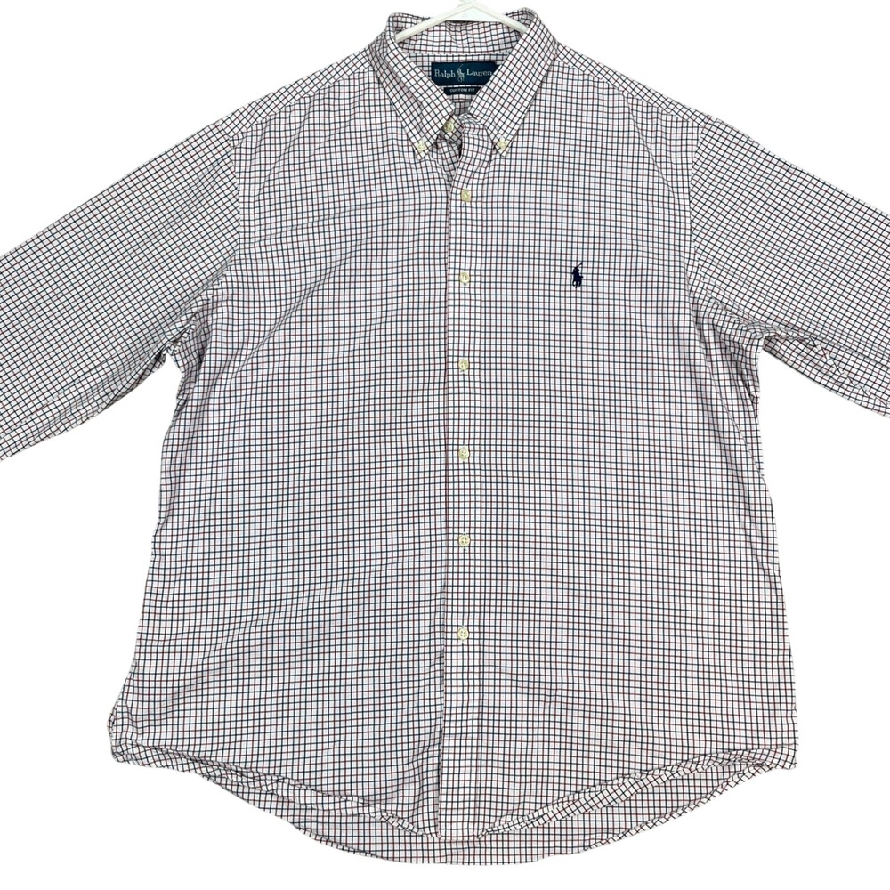 Ralph Lauren Mens XL Custom Fit Button Down Shirt Checkered Red Blue Plaid STAIN
